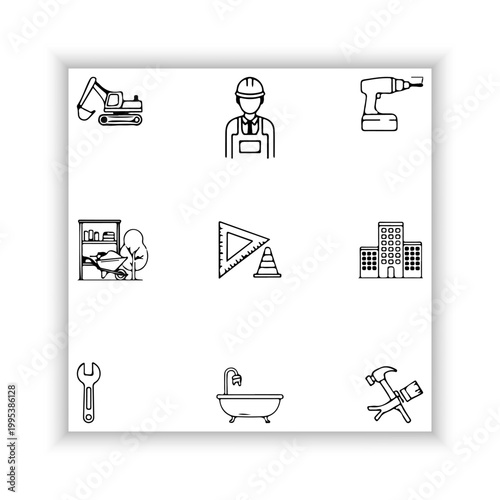 Construction Industry Line Icons Set – Minimal Black Outline Tools and Equipment Collection