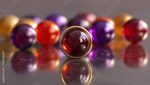 Shiny, round colored gems in gold settings, reflective surface