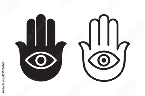 Two hamsa hands with eyes one filled and one outlined