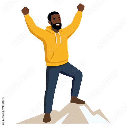 Man Celebrates Reaching Mountain Peak with Arms Raised in Triumph
