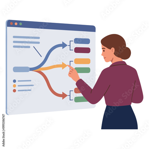 A woman presents a colorful flowchart on a large computer screen in an office.