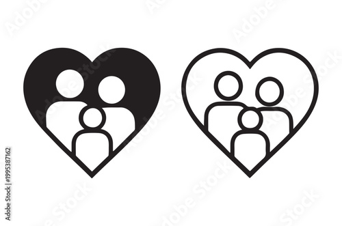 Family within a heart shape filled and outlined versions are shown