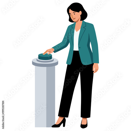 A woman in a teal blazer pressing a button on a gray pedestal indoors.