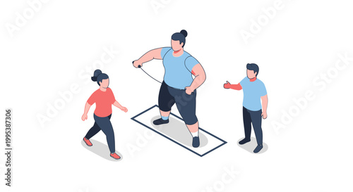 Isometric illustration of three people exercising together on white background.