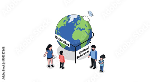 Isometric Illustration of Earth Globe with People and Text.