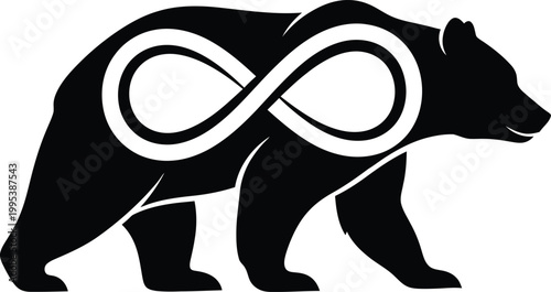 Black bear with infinity symbol on its back walking to the right side