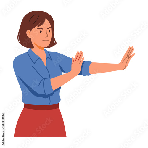 Woman defends herself with arms crossed in a strong stance indoors.