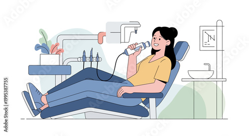 Patient relaxing in dental chair during treatment with modern equipment