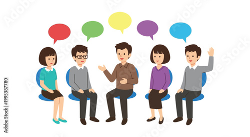 Group of professional colleagues having a productive team meeting with colorful speech bubbles in a vector illustration