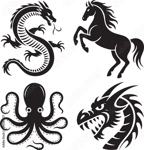 Black and white of four stylized animal heads facing different directions silhouette