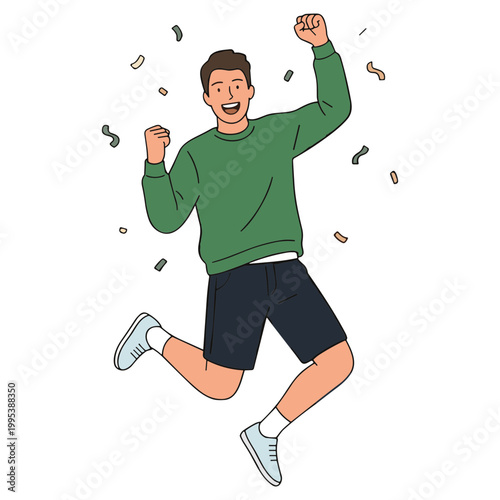 Man jumping up in excitement outdoors with confetti around him