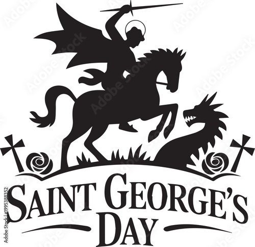 Black and white saint georges day celebration with dragon and cross shield desi