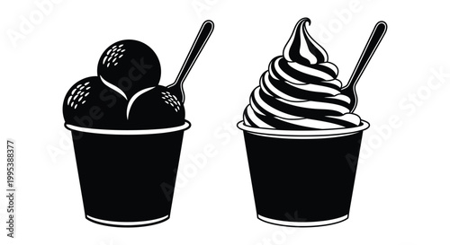 Delicious frozen dessert vector graphic illustration showcasing ice cream scoops and a creamy soft serve swirl.