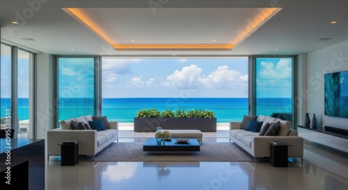 Luxurious modern living room with ocean view a serene coastal retreat