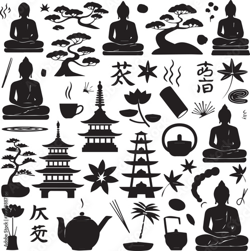 Black silhouette of people and traditional japanese architecture with cherry blossoms kimono pagoda