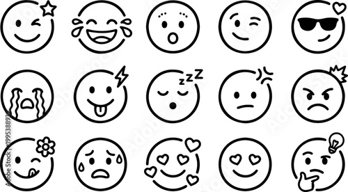 A set of various emoticon faces in a vector graphic illustration