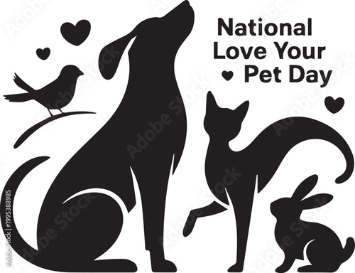 Black silhouette of two dogs with hearts and paw prints for pet day celebration