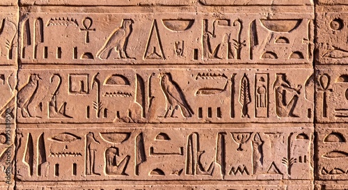 Ancient Egyptian hieroglyphics carved on a stone wall
