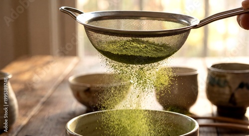 Preparation of traditional Japanese matcha green tea, sifting organic green tea powder through a metal strainer into a ceramic bowl