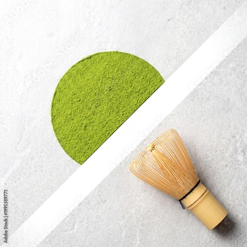 Matcha green tea powder with traditional bamboo whisk on white background, top view