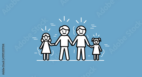 Joyful modern family illustration with two parents and two children holding hands happily together