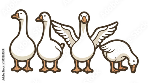 Cute cartoon geese vector set, adorable bird characters in various poses for kids illustration farm animal and nature themed design