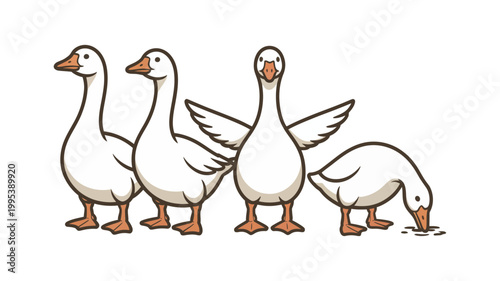 Cute cartoon geese vector set, adorable bird characters in various poses for kids illustration farm animal and nature themed design