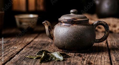 Macro Shot of Ancient Yixing Purple Clay Teapot with Weathered Texture and Tea Stains on Rustic Wood Table, Wabi-Sabi Aesthetic