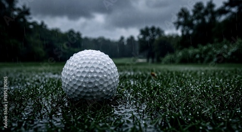 Golf ball on green grass field with dark moody sky background, professional sports equipment