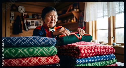 Elderly woman in ethnic dress organizing stacks of vibrant woven blankets with geometric patterns in a log cabin