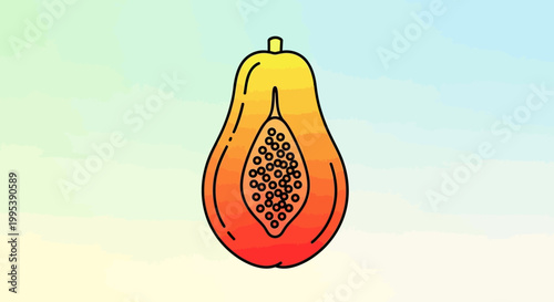 Colorful cartoon papaya cut in half showing seeds a vibrant tropical fruit illustration