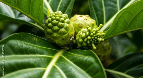 Vibrant green noni fruits (Morinda citrifolia) on a tropical tree branch, surrounded by lush leaves. A detailed close-up captures the unique bumpy texture of this exotic and healthy plant
