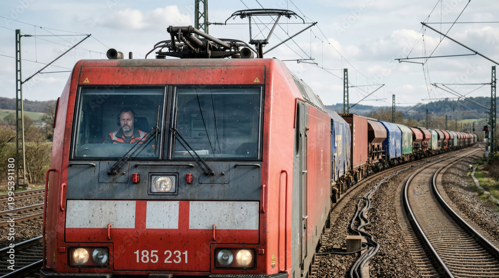 Fototapeta premium Red electric freight locomotive hauling a long cargo train on a rural railway.