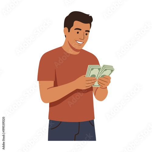 A smiling man holding and looking at money in his hands indoors.