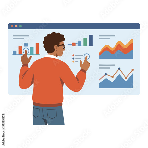 A man analyzes data on a large computer screen with graphs and charts.