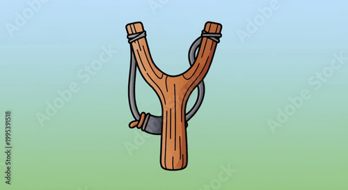 Cartoon style wooden slingshot illustration with elastic bands and pouch for aiming and shooting