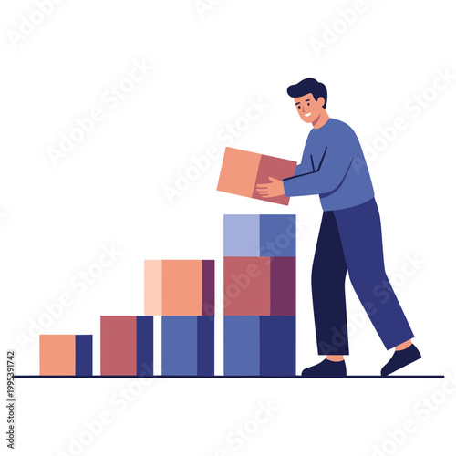 A man is stacking boxes on a growing bar graph in a business setting.
