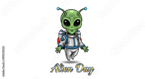 A cartoonish sci-fi alien character illustration shows a small, green extraterrestrial wearing a futuristic spacesuit with a jetpack, set against a clean white background, celebrating Alien