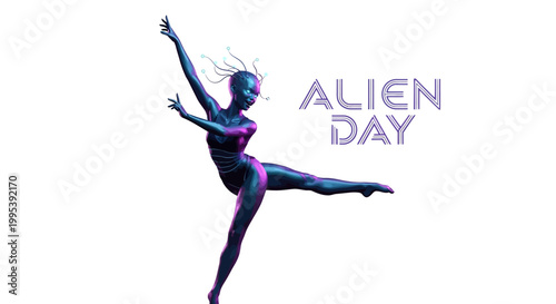 A sci-fi alien character strikes a dynamic pose in this vector illustration for Alien Day, set against a clean white background, showcasing a futuristic space scene with vibrant colors