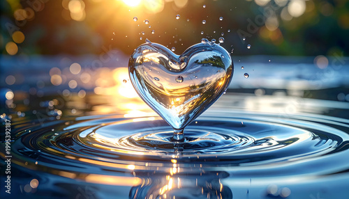 Heart Shaped Water Droplet Rippling on Water Surface at Sunset.