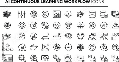 AI continuous learning workflow icon set in minimal outline style for machine learning systems, data training, and software interface design