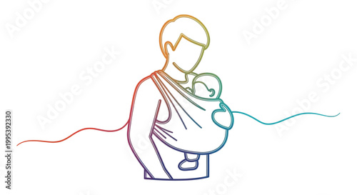 Colorful illustration of a parent gently carrying a baby in a comfortable sling providing