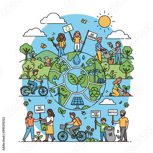 People engaging in various eco-friendly activities around a stylized Earth, promoting environmental protection and sustainability in a vibrant illustration.