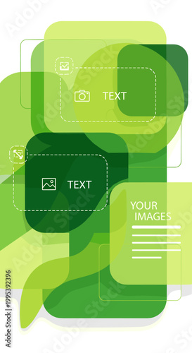Abstract composition of overlapping rounded squares and speech bubbles in various shades of green, with placeholders for text and images.