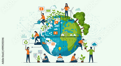 Illustration of global environmental sustainability and technological innovation with people caring for the planet and using digital tools.