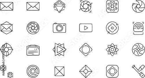 Black and White Line Art Icons - Technology, Communication, Photography, Abstract Shapes