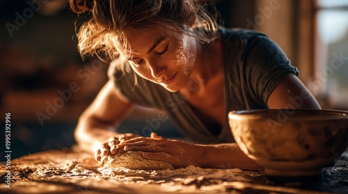 Woman kneading dough in a rustic kitchen
