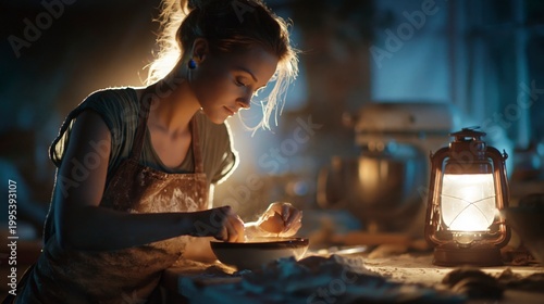 Woman baking in a rustic kitchen with lantern light