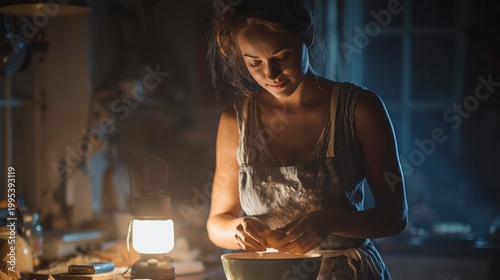 Woman cracking egg in bowl in dimly lit kitchen