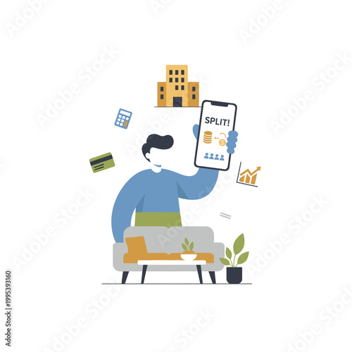 Person sitting on sofa using smartphone illustration.